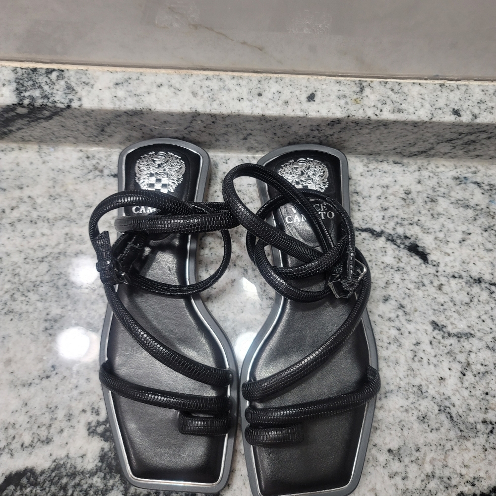 Vince Camuto Pertema Leather Embossed Ankle Strap Flat Sandals - Picture 6 of 8